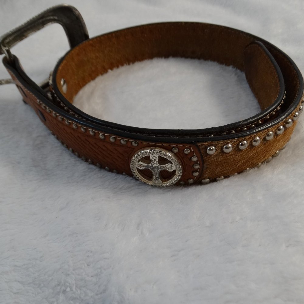 Ranger Belt Co. Genuine Handtooled  Leather Belt Studded Cross 22" to 26"